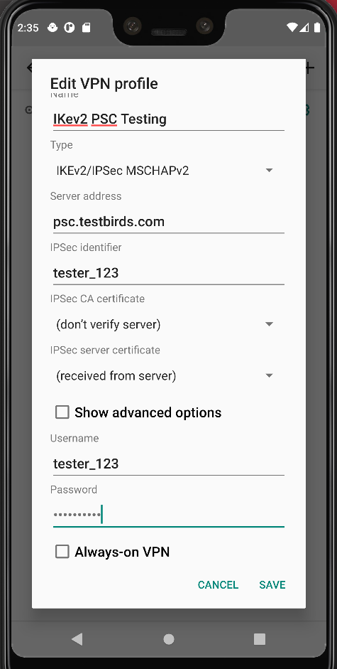 Android VPN configuration for IKEv2