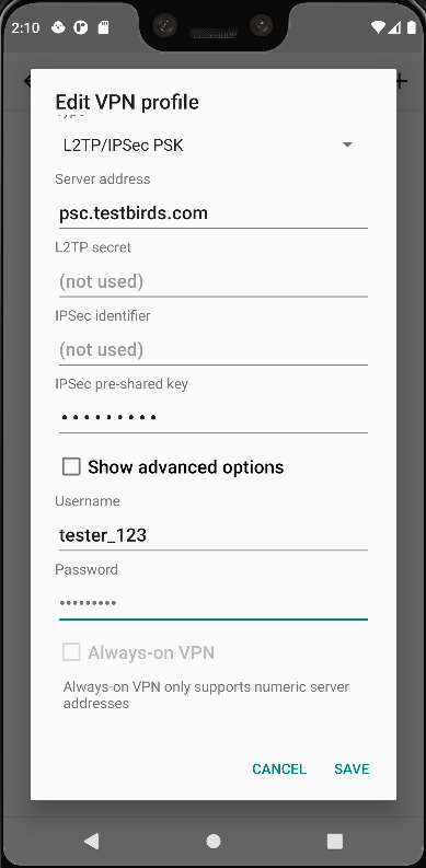 Android VPN configuration for L2TP